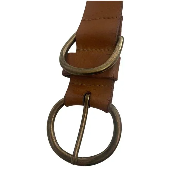 Vintage Italian Brown Leather Belt Brass Double Ring Buckle XXL Made in USA - Picture 3 of 7